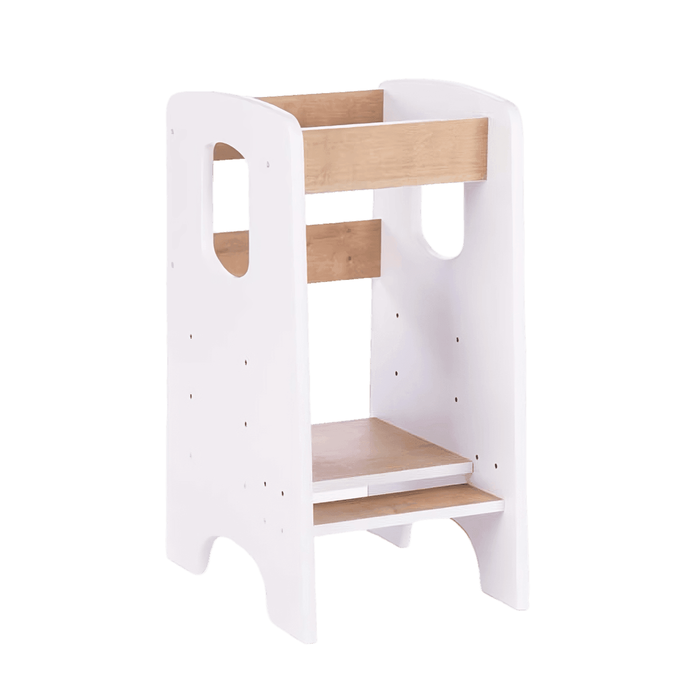 A children's kitchen tower, also known as a kitchen helper stool, designed to allow a child to reach kitchen surfaces safely. The stool has a white frame with natural wood steps and rails, standing on a white background. A children's kitchen tower, also known as a kitchen helper stool, designed to allow a child to reach kitchen surfaces safely. The stool has a white frame with natural wood steps and rails, standing on a white background.
