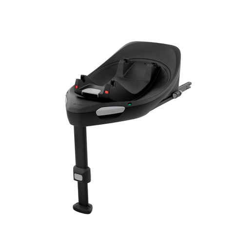The CYBEX Base G Isofix base, designed for car seats Cloud G and Sirona G, is depicted against a white background. It's a sleek black base with an adjustable support leg, equipped with Isofix connectors for secure installation in a vehicle
