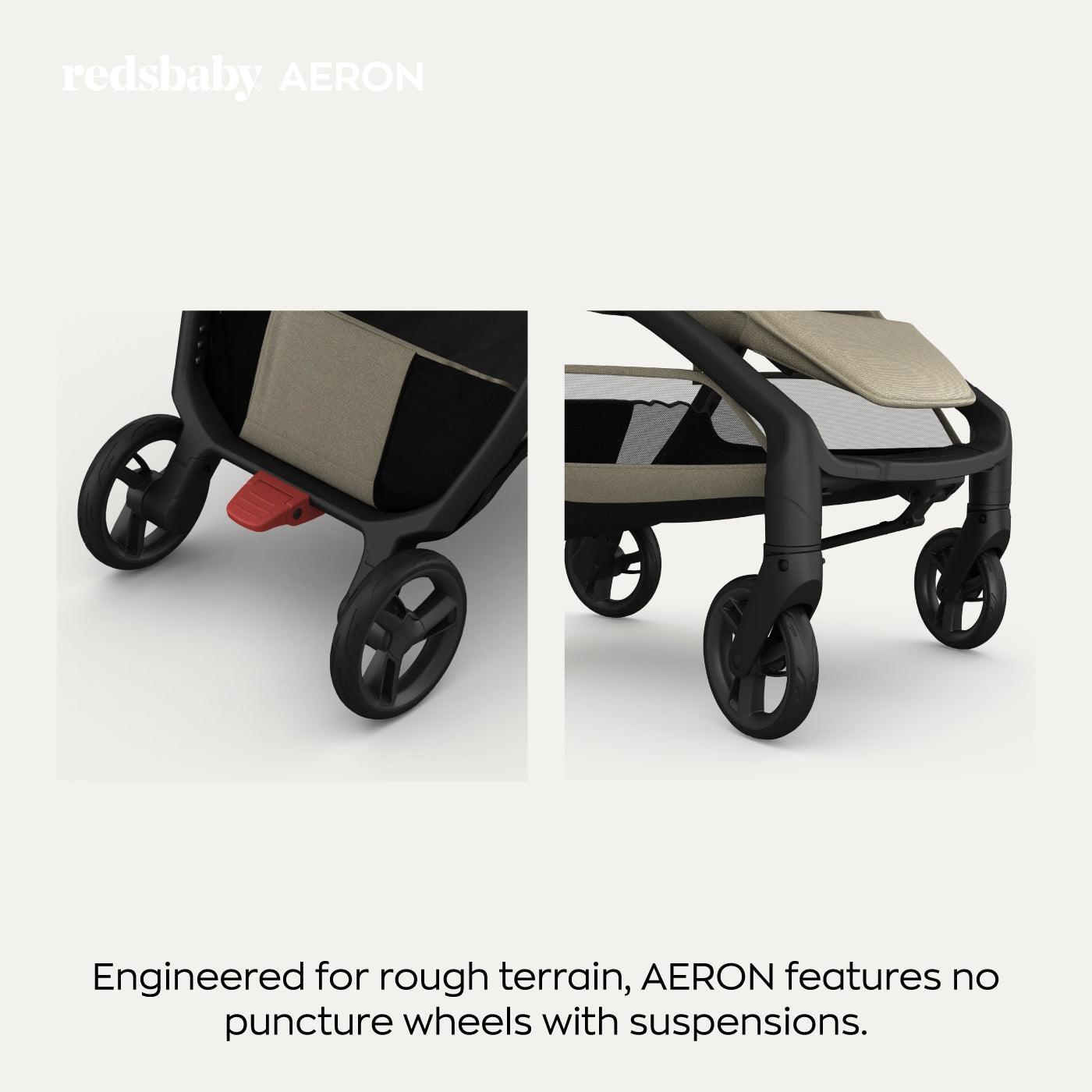 Two close-up images showing the wheels of the taupe-colored Redsbaby Aeron stroller with a black frame. The first image highlights the rear wheels with a red brake pedal, and the second image focuses on the front wheels with suspensions. The text reads 'redsbaby AERON' at the top and 'Engineered for rough terrain, AERON features no puncture wheels with suspensions.' at the bottom. Two close-up images showing the wheels of the taupe-colored Redsbaby Aeron stroller with a black frame. The first image highlights the rear wheels with a red brake pedal, and the second image focuses on the front wheels with suspensions. The text reads 'redsbaby AERON' at the top and 'Engineered for rough terrain, AERON features no puncture wheels with suspensions.' at the bottom.
