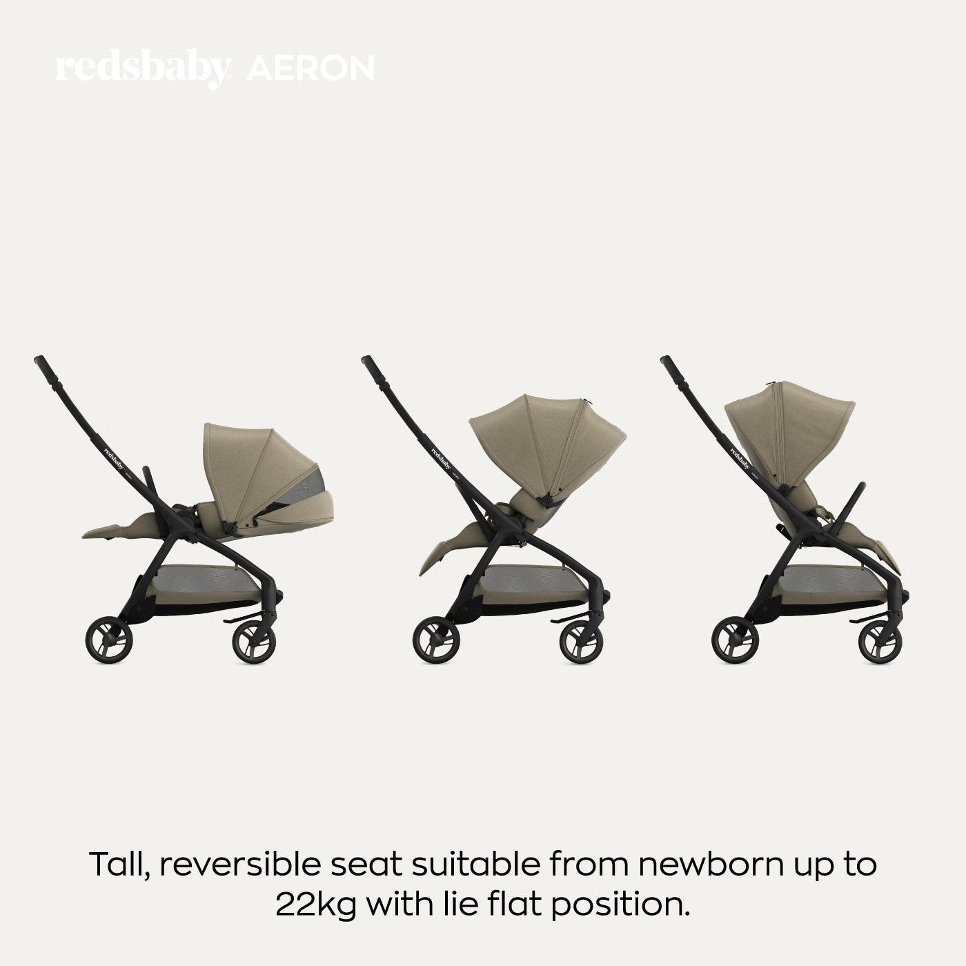 A sequence of three images showing the taupe-colored Redsbaby Aeron stroller with a black frame in different recline positions. The first image shows the stroller in a fully reclined position suitable for a newborn, the second in a mid-recline position, and the third in an upright position. The text reads 'redsbaby AERON' at the top and 'Tall, reversible seat suitable from newborn up to 22kg with lie flat position.' at the bottom. A sequence of three images showing the taupe-colored Redsbaby Aeron stroller with a black frame in different recline positions. The first image shows the stroller in a fully reclined position suitable for a newborn, the second in a mid-recline position, and the third in an upright position. The text reads 'redsbaby AERON' at the top and 'Tall, reversible seat suitable from newborn up to 22kg with lie flat position.' at the bottom.