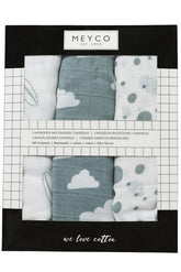 Meyco - Meyco Muslin Swaddles 3-pack Feathers-clouds-dots - Stone Green/white - 120x120cm - Mari Kali Stores Cyprus