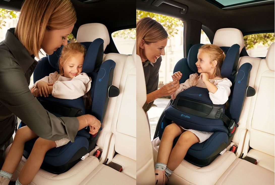 Two images side by side; on the left, a mother is fastening her smiling daughter into a navy blue CYBEX Pallas G car seat. On the right, the mother and daughter are interacting happily with the child sitting securely in the car seat.
