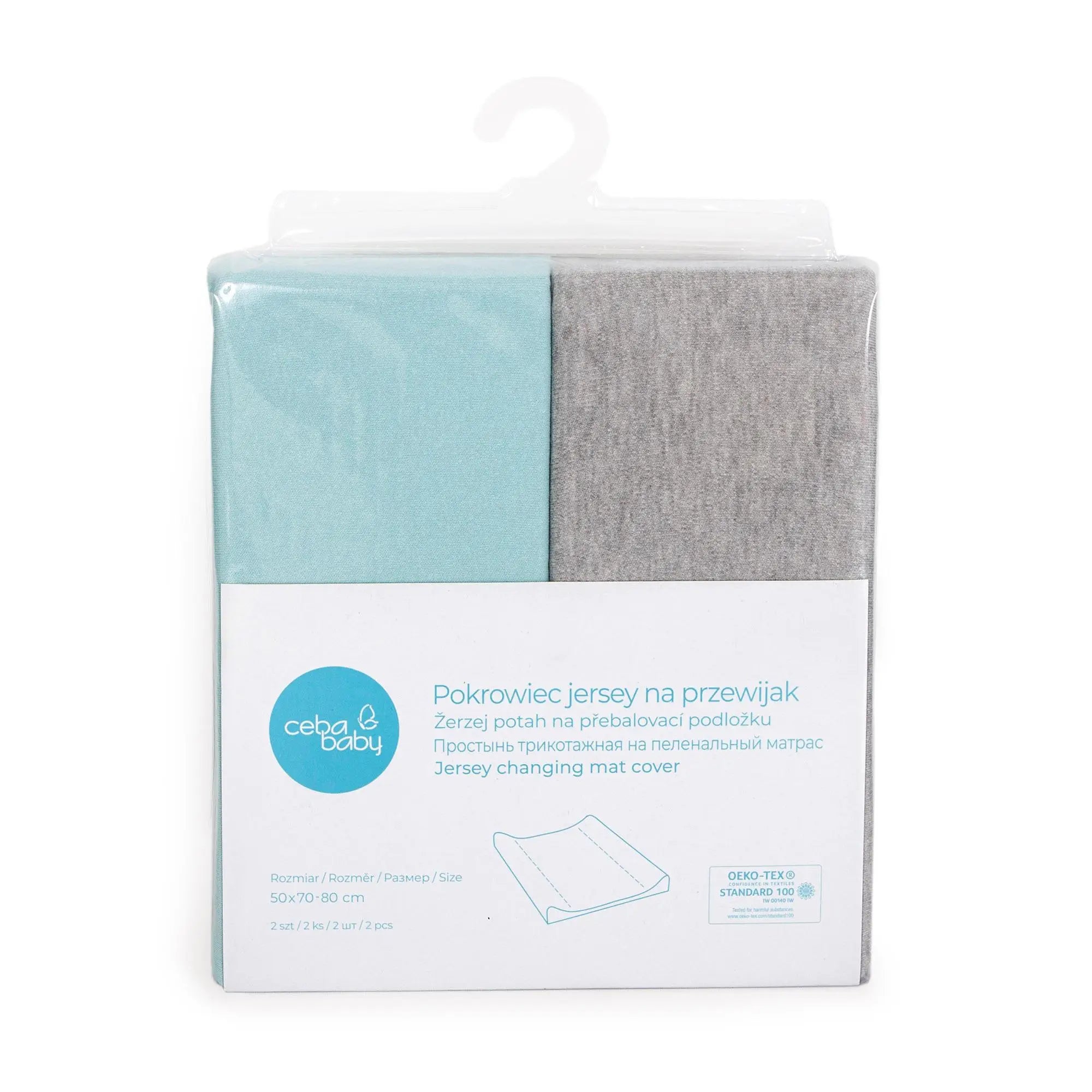 CEBA Changing pad cover 50x70-80cm 2pcs Light Grey Melange+Turquoise