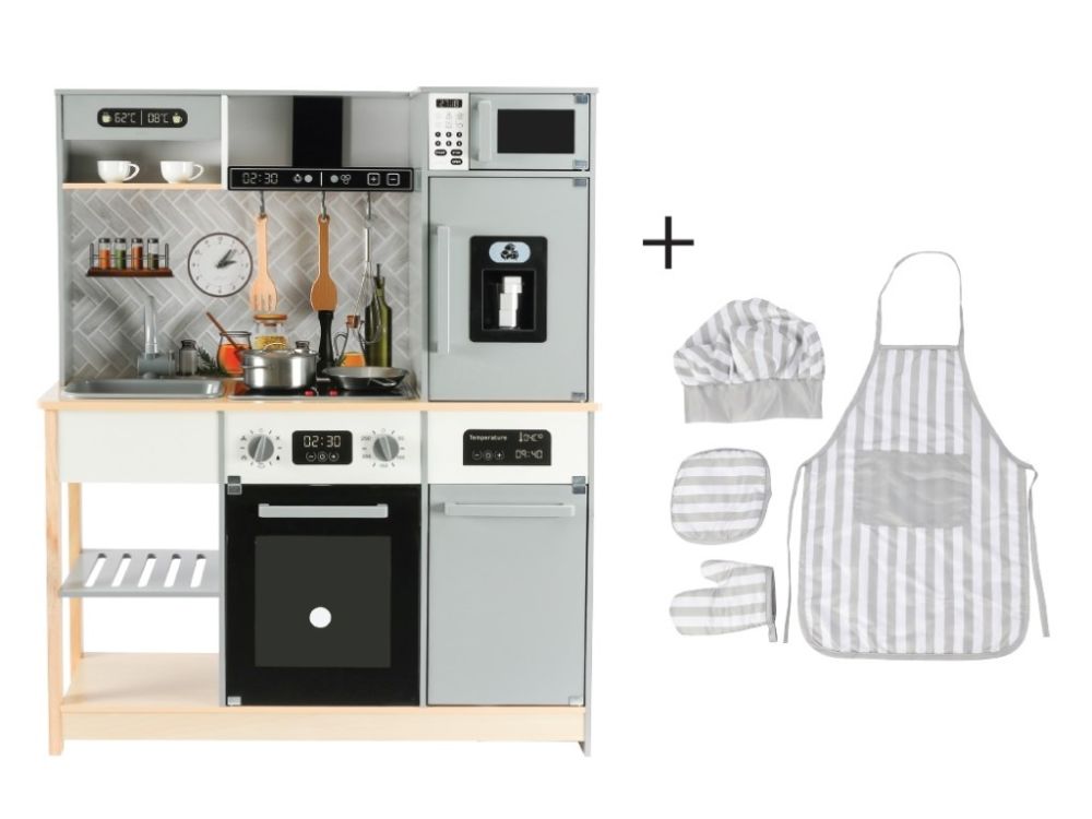 Kids Wooden Kitchen with Extended Accessories + FREE Textile Set - Modern Design