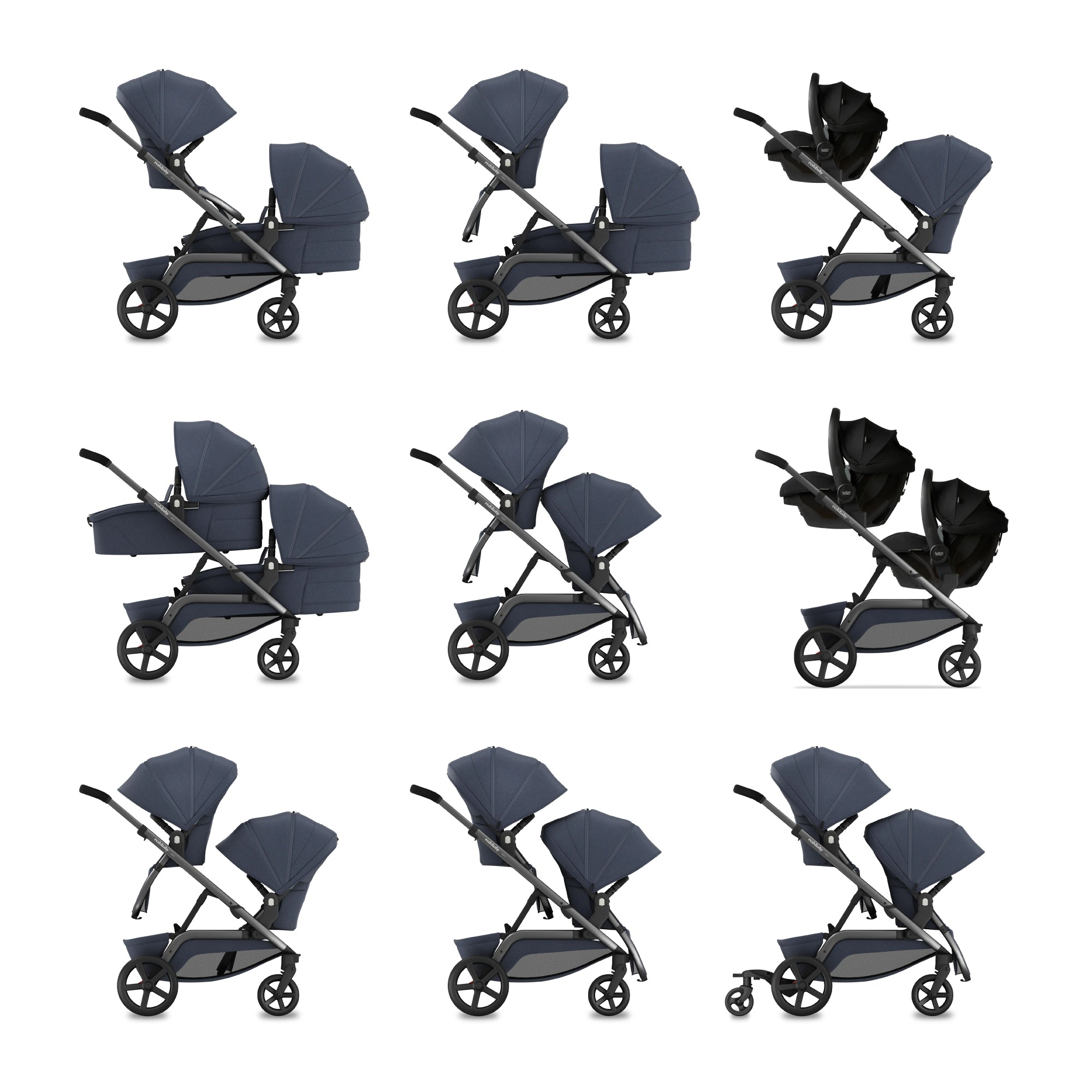 A collage of nine images showcasing various double configurations of the Redsbaby NUVO stroller in a sleek slate blue color. The configurations include options for two bassinets, two seats, and combinations of each, facing both towards the parent and away, highlighting the stroller's adaptability for siblings or twins. Each configuration demonstrates the stroller's functionality and versatility, with a focus on comfort and convenience for both children and parents.