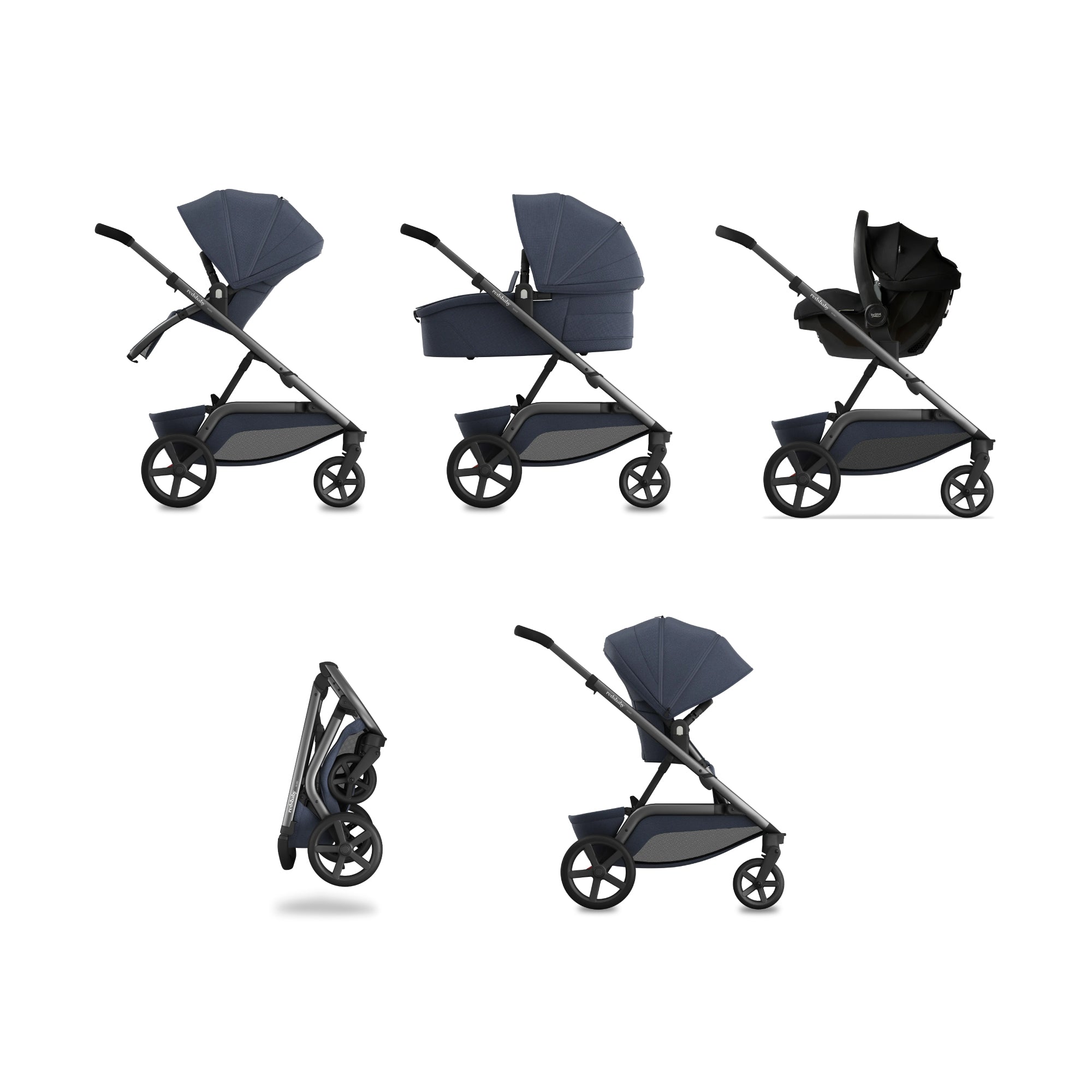 A compilation of five images displaying the Redsbaby NUVO stroller in various single configurations, showcasing its versatility. The first image features the stroller with an upright seat facing forward. The second shows the stroller with a bassinet attachment for an infant. The third portrays the stroller with the seat facing the parent. The fourth image captures the stroller in a compact, folded position, emphasizing its convenience for storage and transport. 