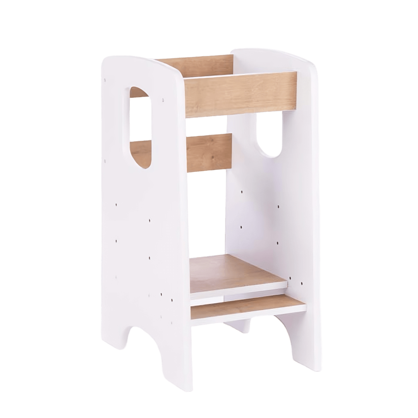A children's kitchen tower, also known as a kitchen helper stool, designed to allow a child to reach kitchen surfaces safely. The stool has a white frame with natural wood steps and rails, standing on a white background.
