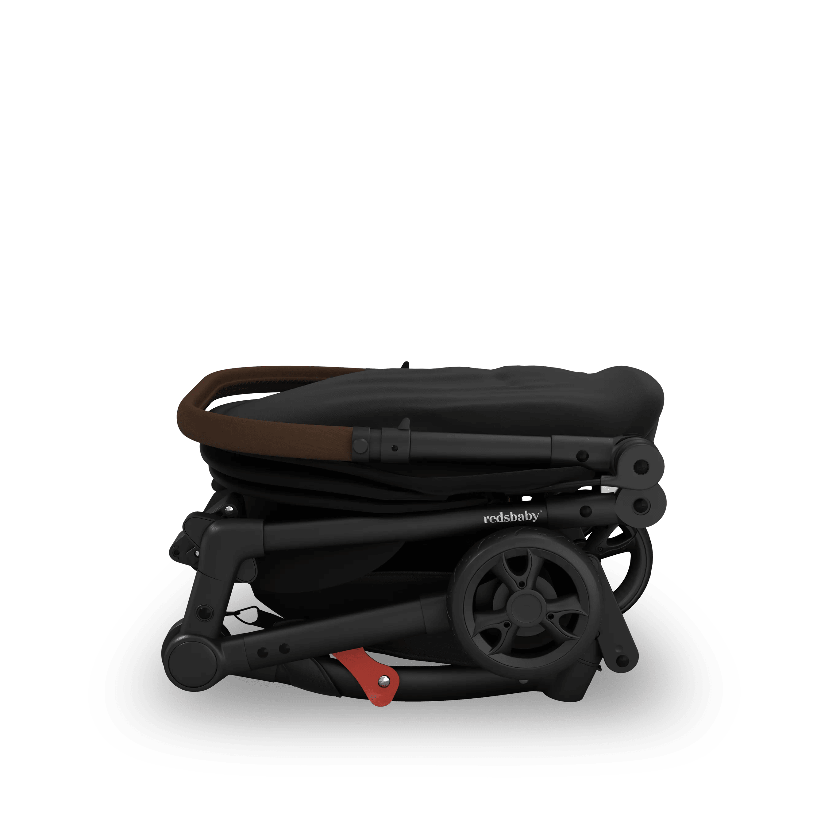 Side view of the Redsbaby SKIP² in black when folded, compact enough for travel storage.