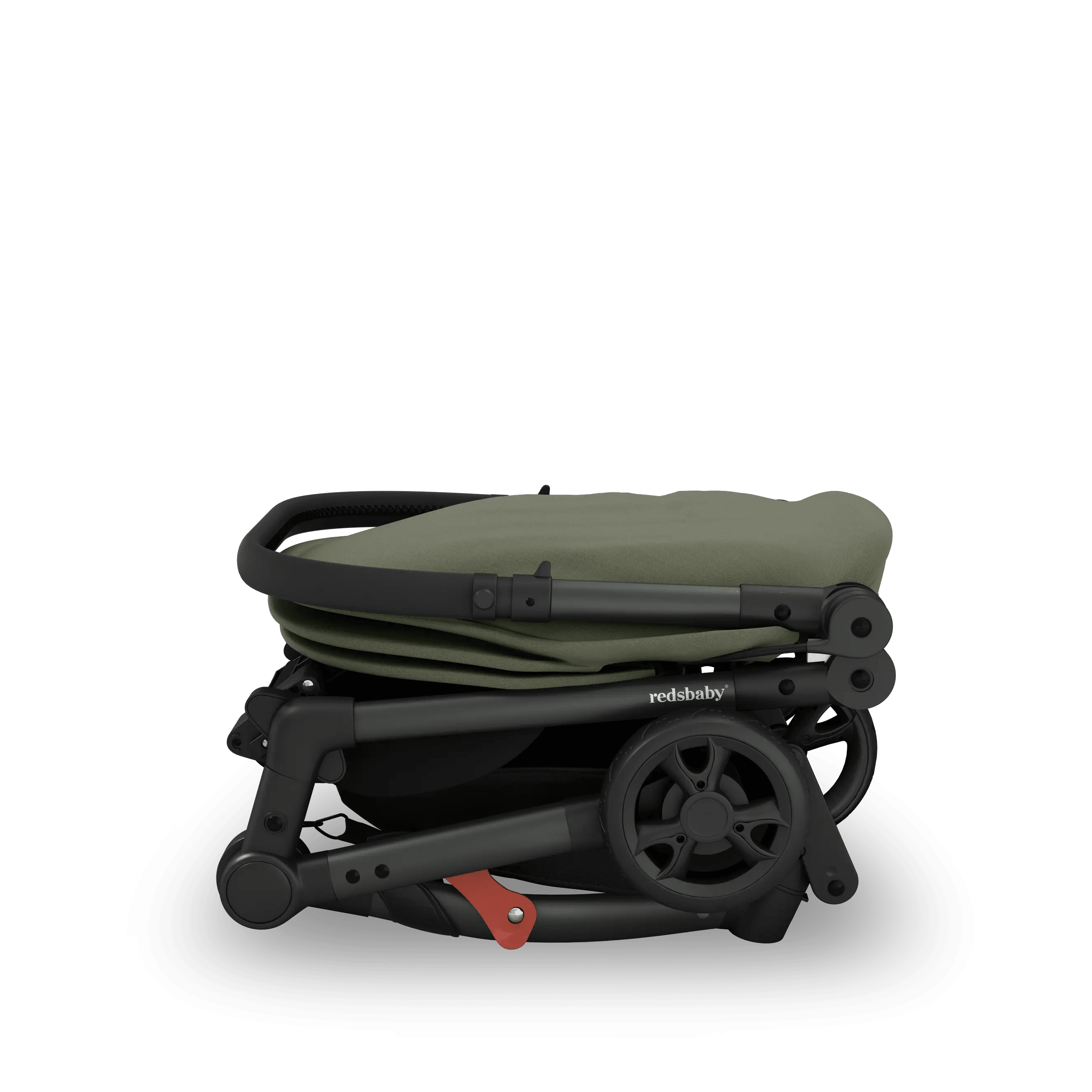 Redsbaby SKIP² Stroller in Ivy, side view folded for easy carrying and minimal storage space.