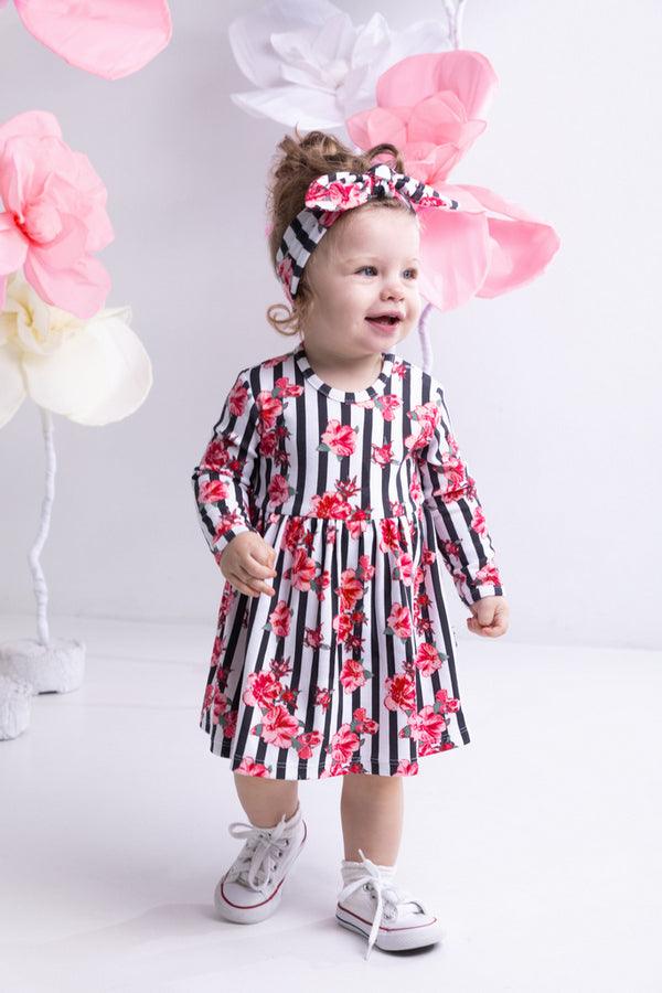 BamarNicol - Cotton dress, long sleeves, girl, stripes, flowers, pink NANA - Mari Kali Stores Cyprus