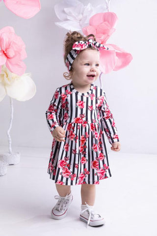 BamarNicol - Cotton dress, long sleeves, girl, stripes, flowers, pink NANA - Mari Kali Stores Cyprus