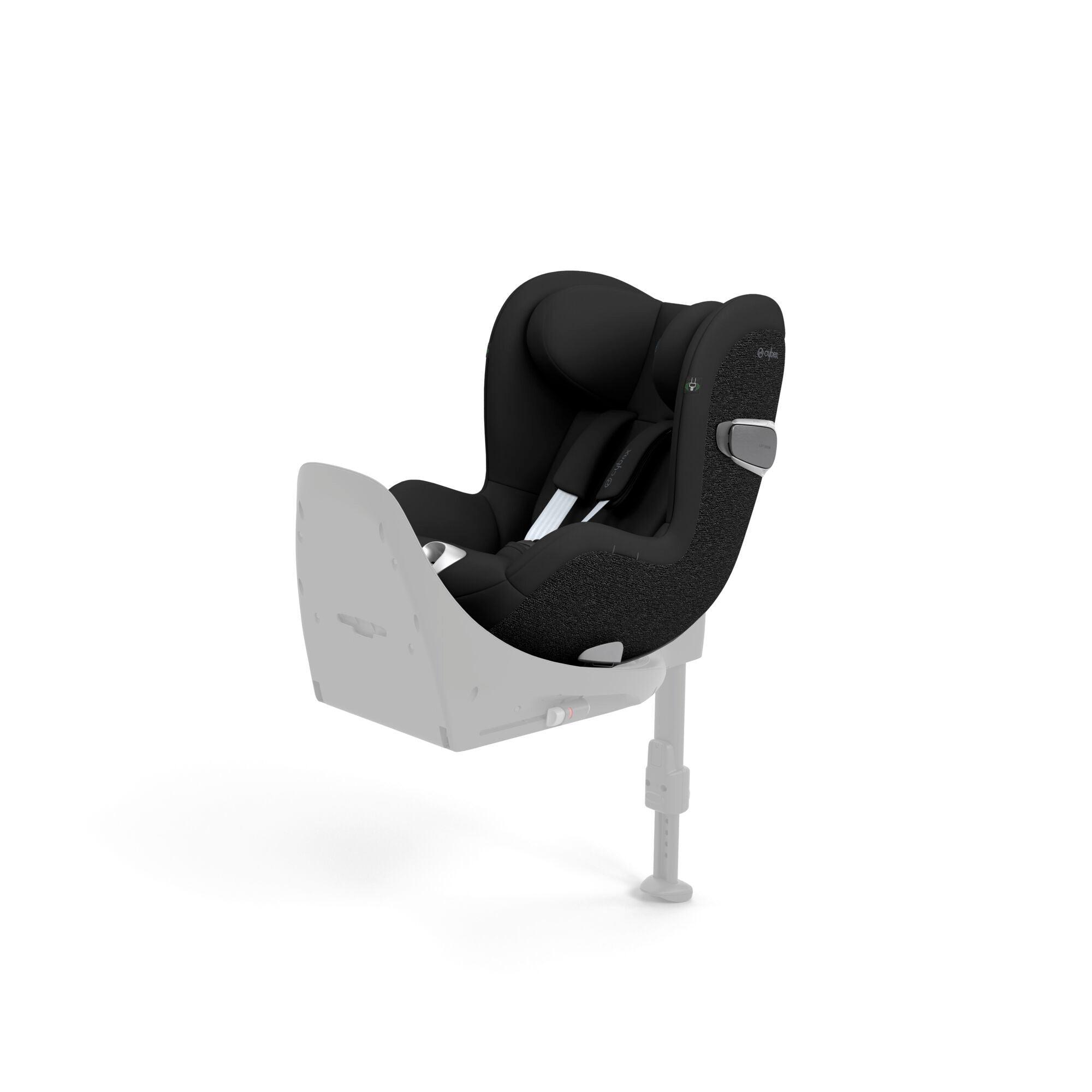 The CYBEX Sirona T i-Size car seat in sepia black, featuring an adjustable headrest and harness system, mounted on a secure base with an anti-rebound bar for safety.
