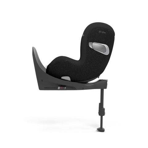 Side view of the CYBEX Sirona T i-Size infant and toddler car seat in sepia black, showcasing its sleek design, side-impact protection system, and the support leg extending to the floor for extra stability.