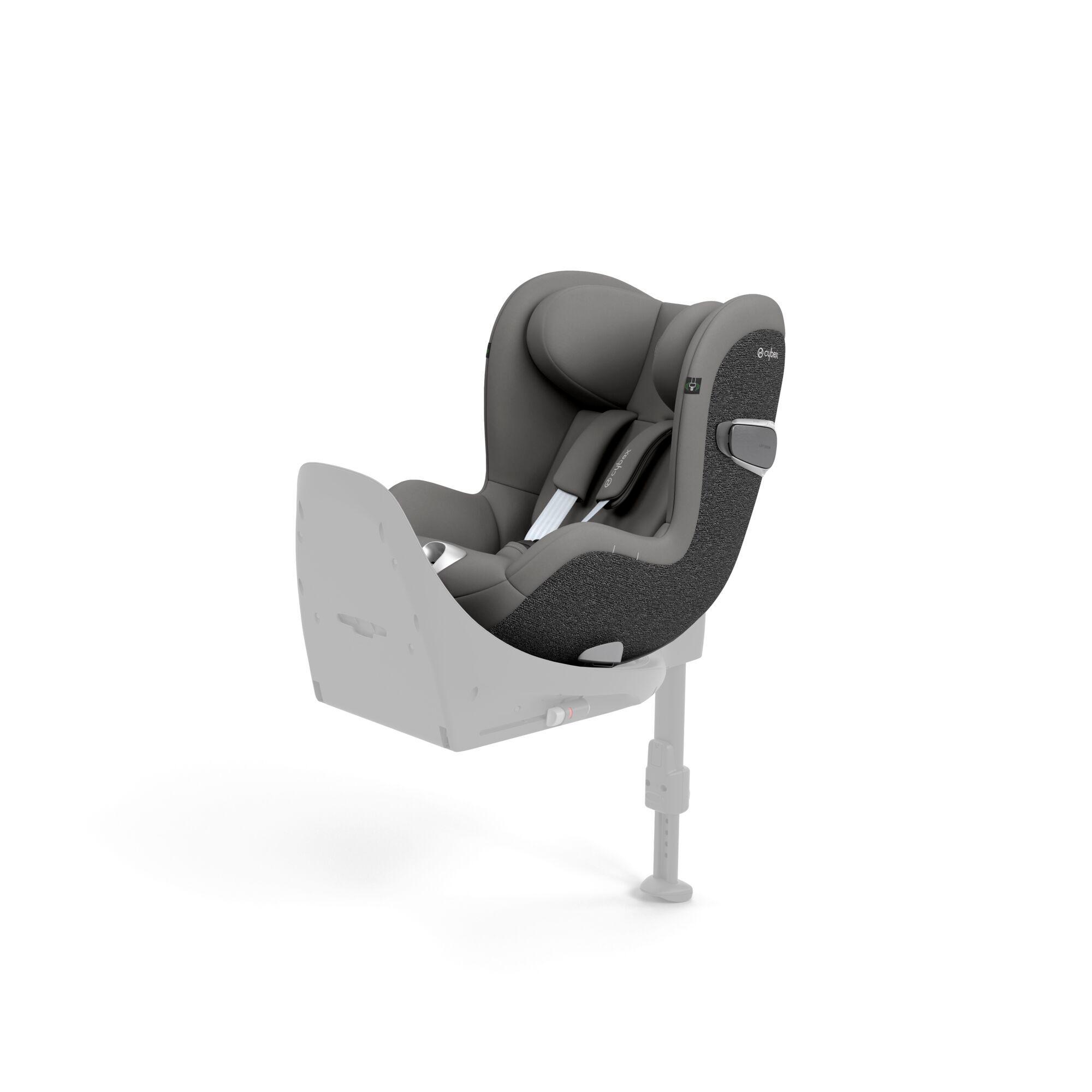CYBEX Sirona T i-Size car seat in mirage grey, featuring an ergonomic design with advanced safety features and a secure installation system with a stabilizing support leg.