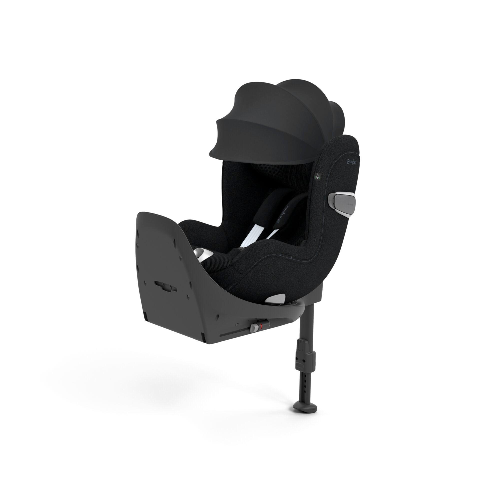 CYBEX Sirona T i-Size in Sepia Black Plus with a sun canopy, featuring a modern design for infant safety, including a 5-point harness and an adjustable support leg for vehicle stability.