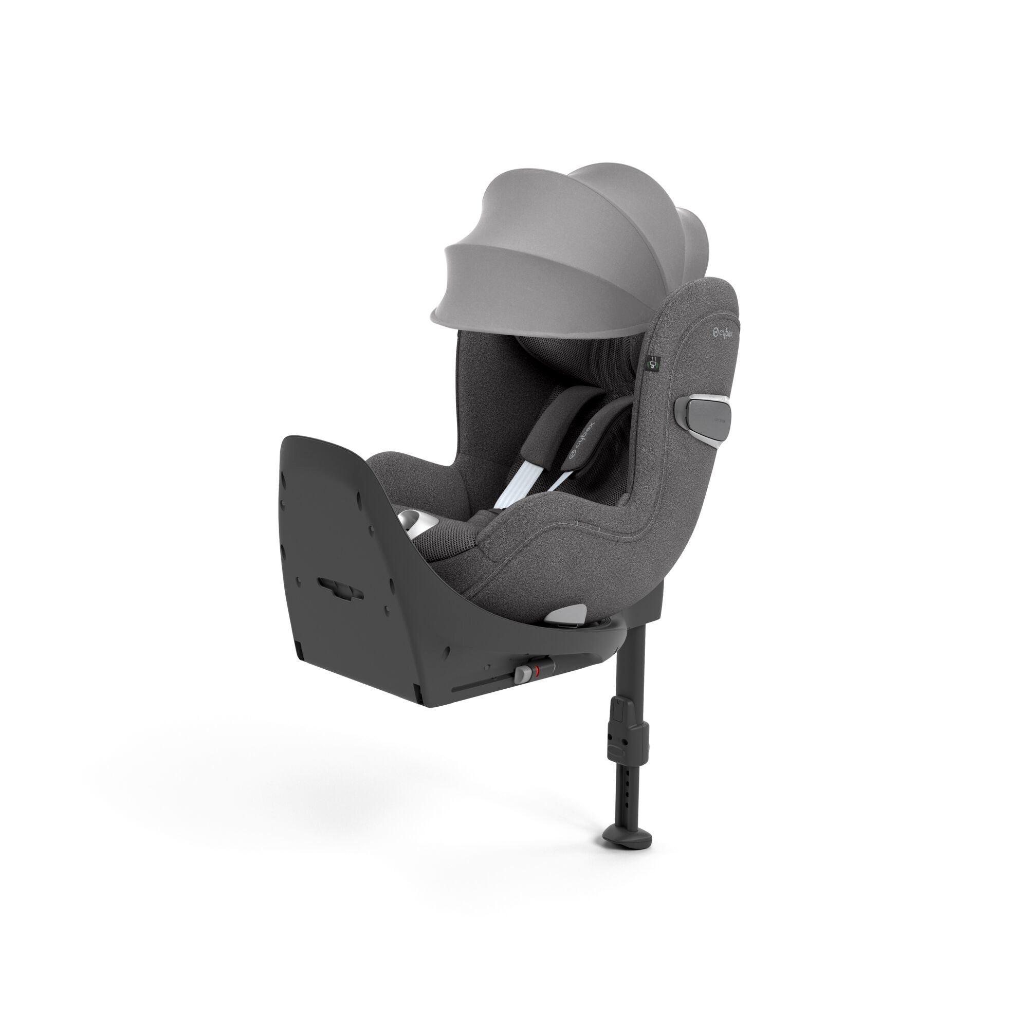 CYBEX Sirona T i-Size Plus in Mirage Grey with integrated sun canopy, presenting a sophisticated charcoal fabric, optimized for infant comfort and safety, with a sturdy base and leg support.