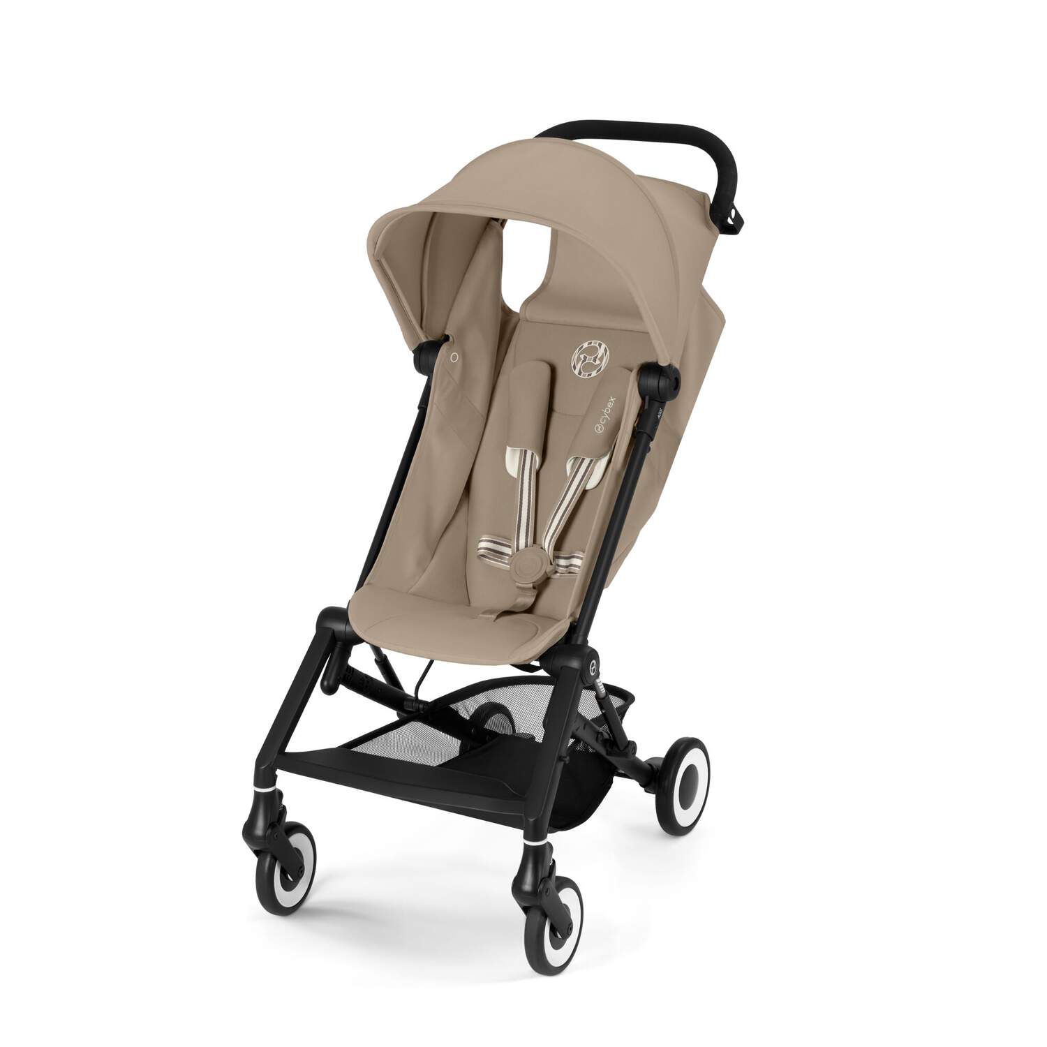 Almond Beige baby stroller cybex agis with black frame on a white background