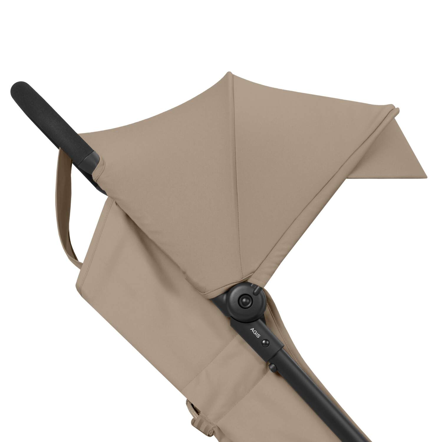 Almond Beige Cybex Agis baby stroller canopy with black handle on a white background