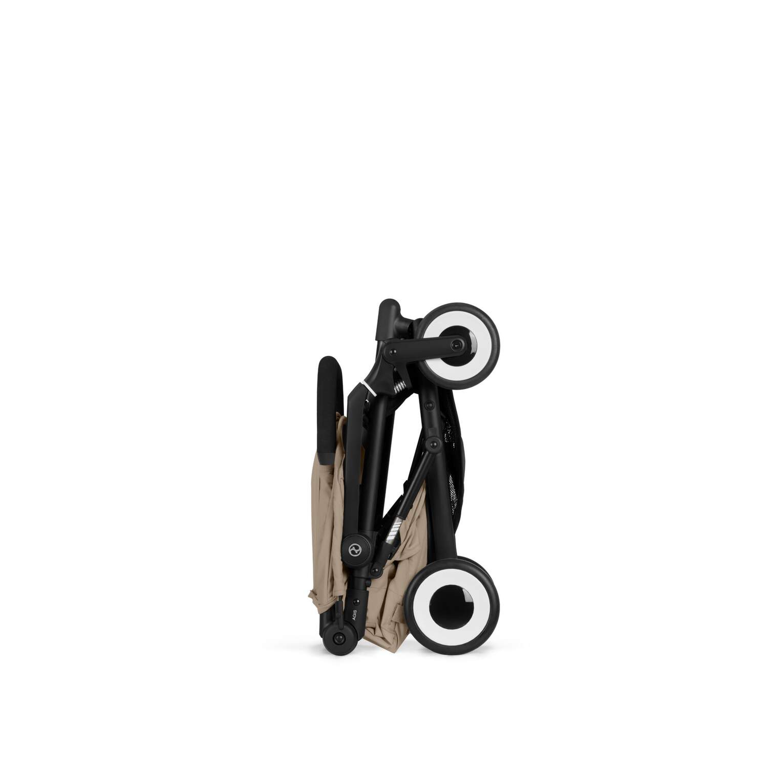 Folded cybex agis stroller in almond beige colour with wheels on a white background