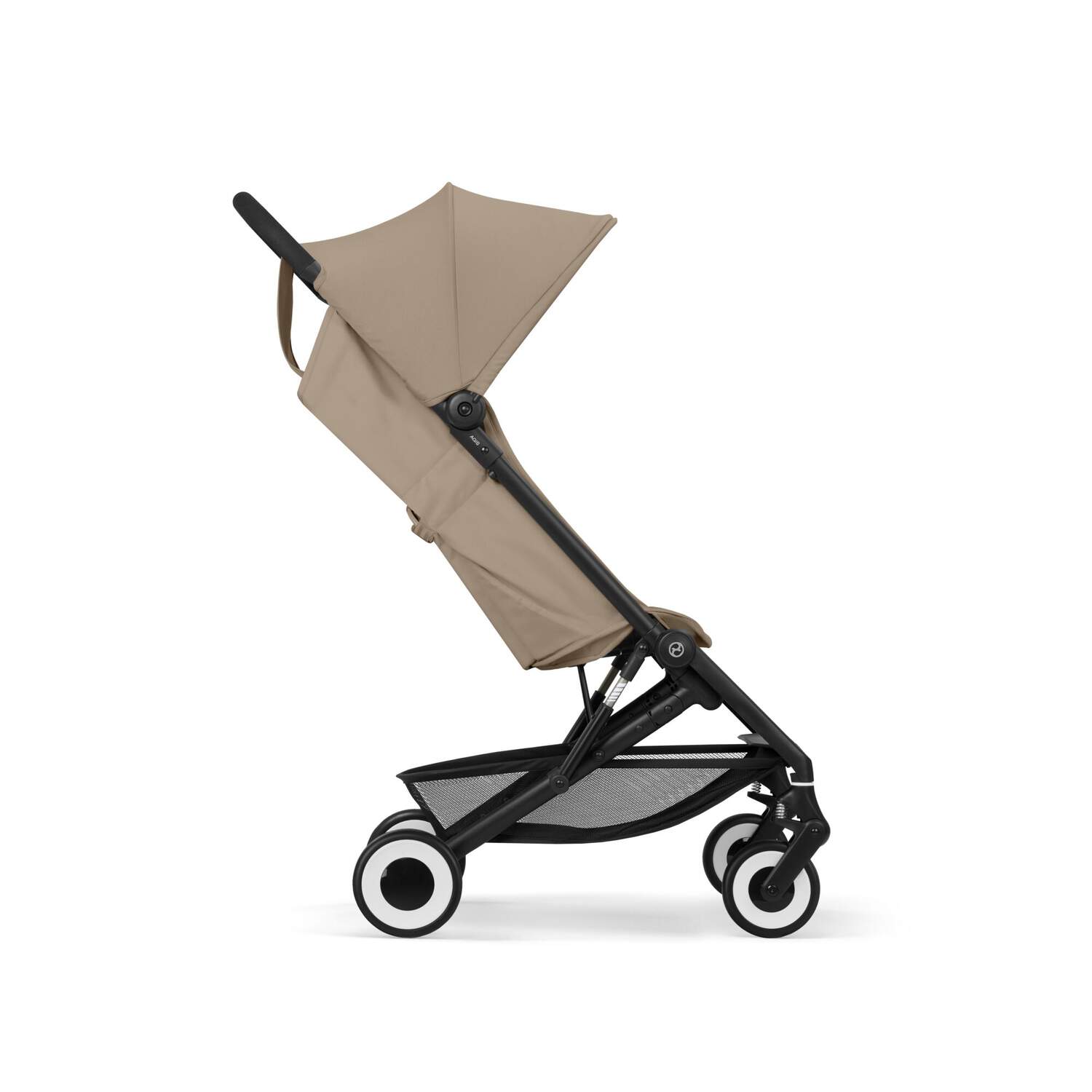 Almond Beige cybex agis stroller with black frame and wheels on a white background