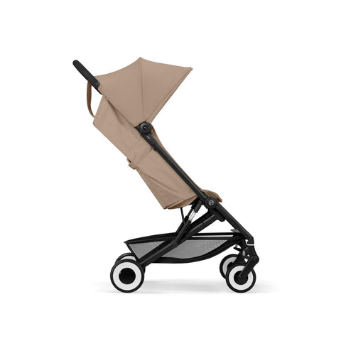 Almond Beige cybex agis stroller with black frame and wheels on a white background