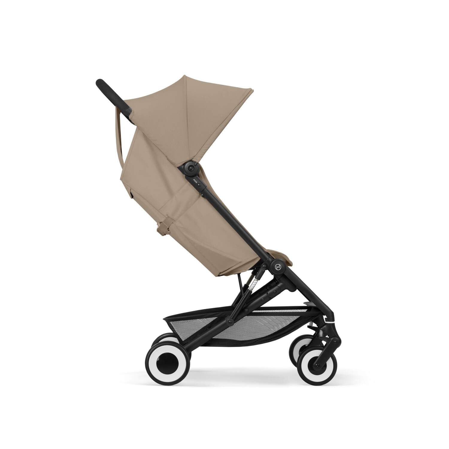 Almond Beige cybex agis stroller with black frame and wheels on a white background