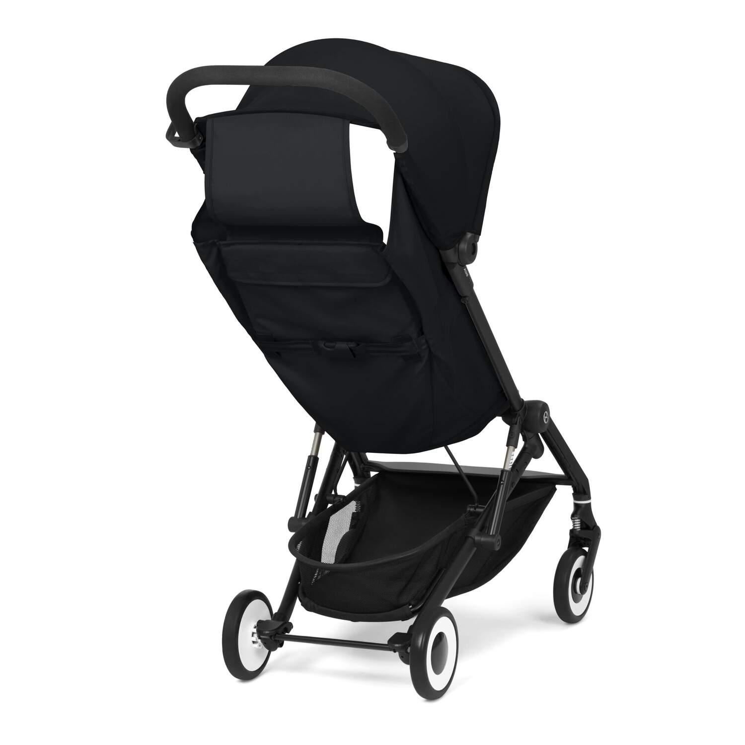 Back view of the Magic Black CYBEX Agis baby stroller on a white background