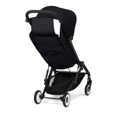 Back view of the Magic Black CYBEX Agis baby stroller on a white background