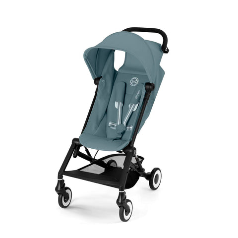 Stormy Blue cybex agis stroller with black frame on a white background