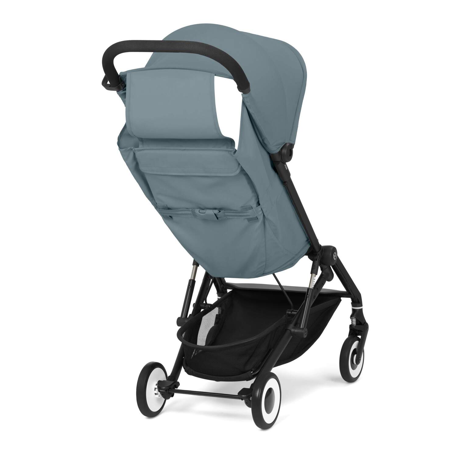 Back view of the Stormy Blue cybex agis stroller with black frame and white wheels on a white background