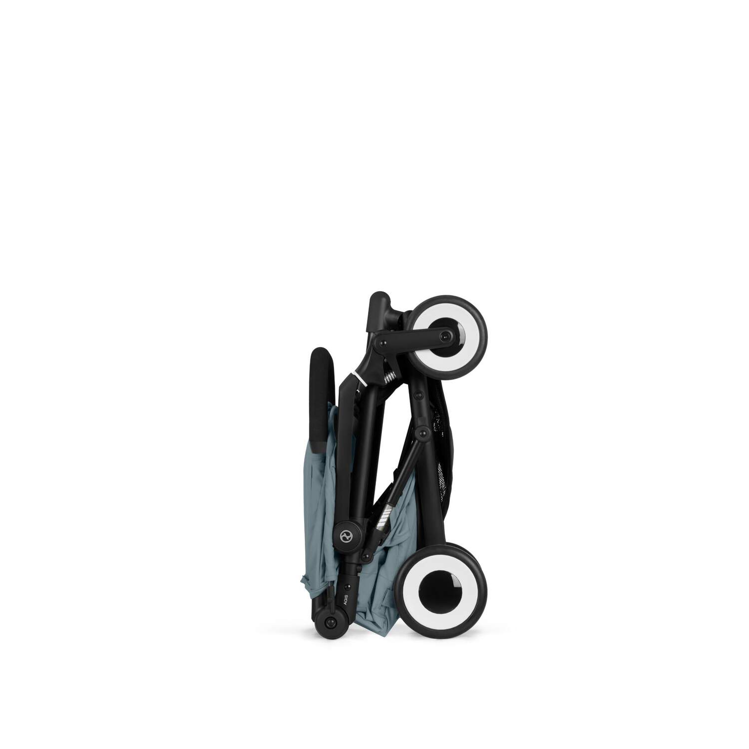 Stormy Blue cybex agis stroller folded with wheels on a white background