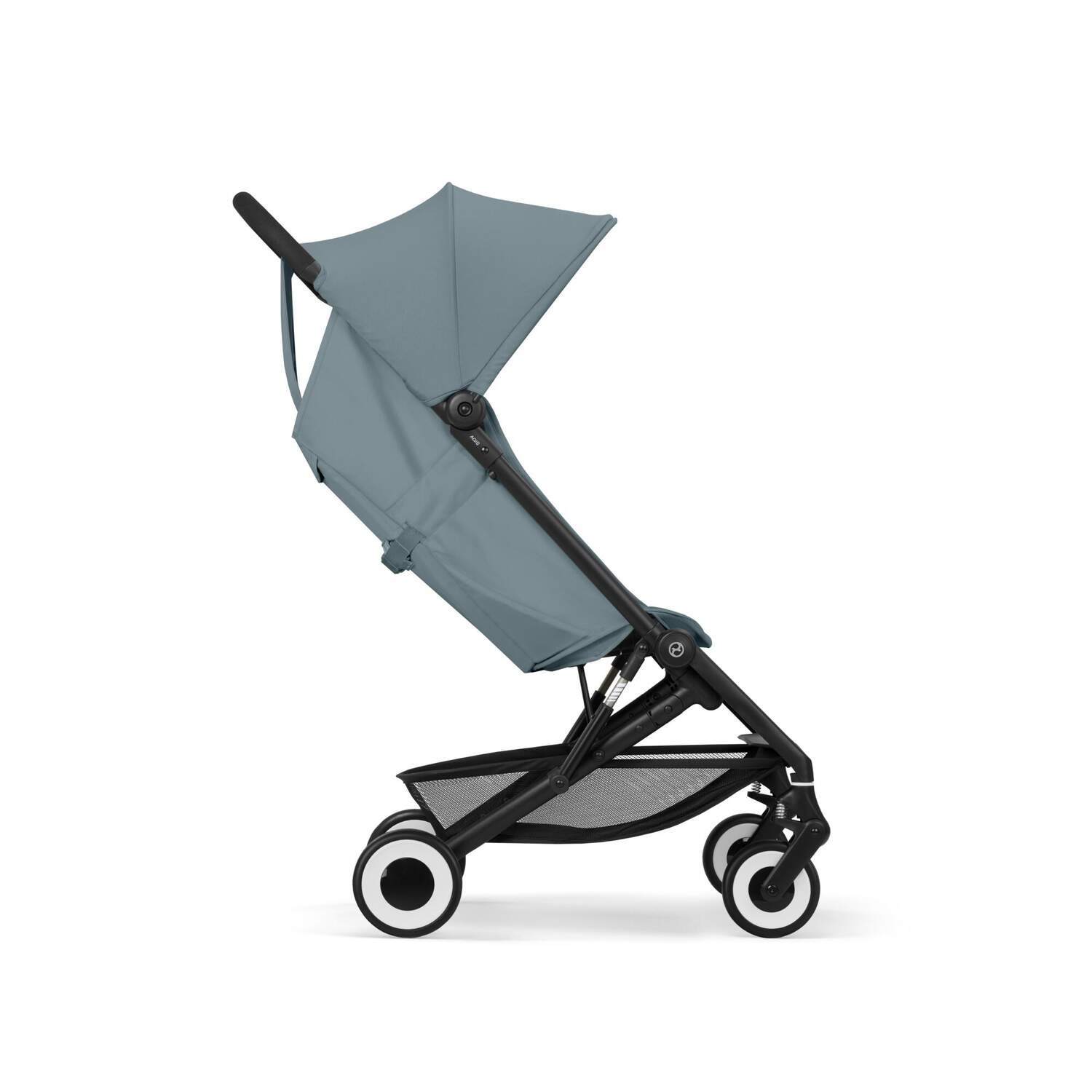 Stormy Blue cybex agis stroller with black frame and white wheels on a white background