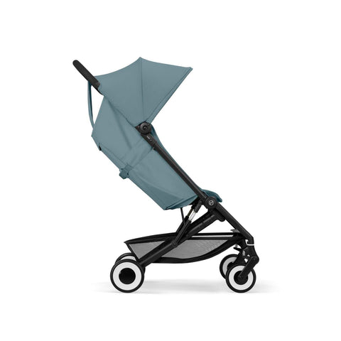 Stormy Blue cybex agis stroller with black frame and white wheels on a white background