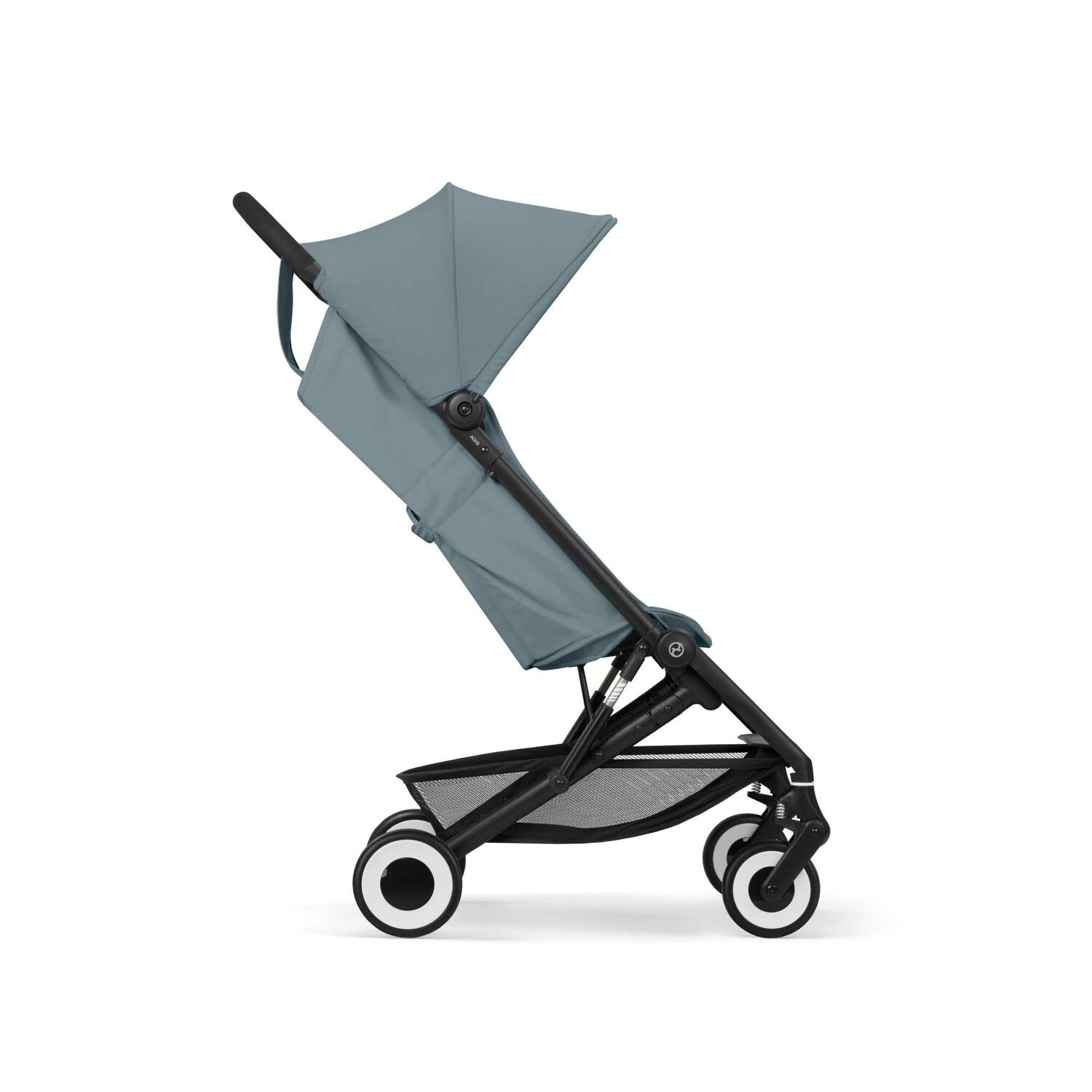 Stormy Blue cybex agis stroller with black frame and wheels on a white background