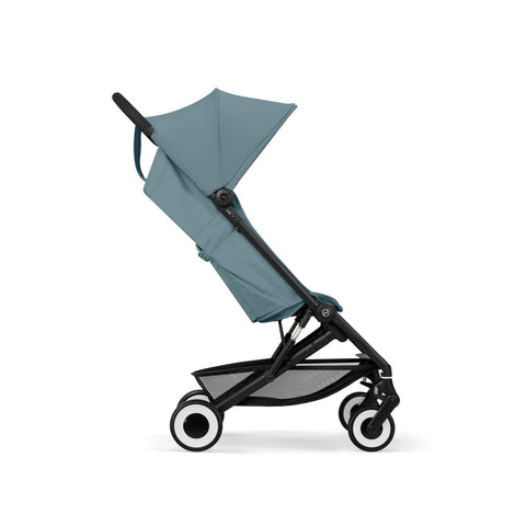 Stormy Blue cybex agis stroller with black frame and wheels on a white background