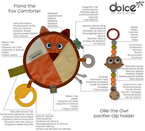 Dolce Earth cuddly blanket & dummy chain - Fiona Vos & Ollie Owl
