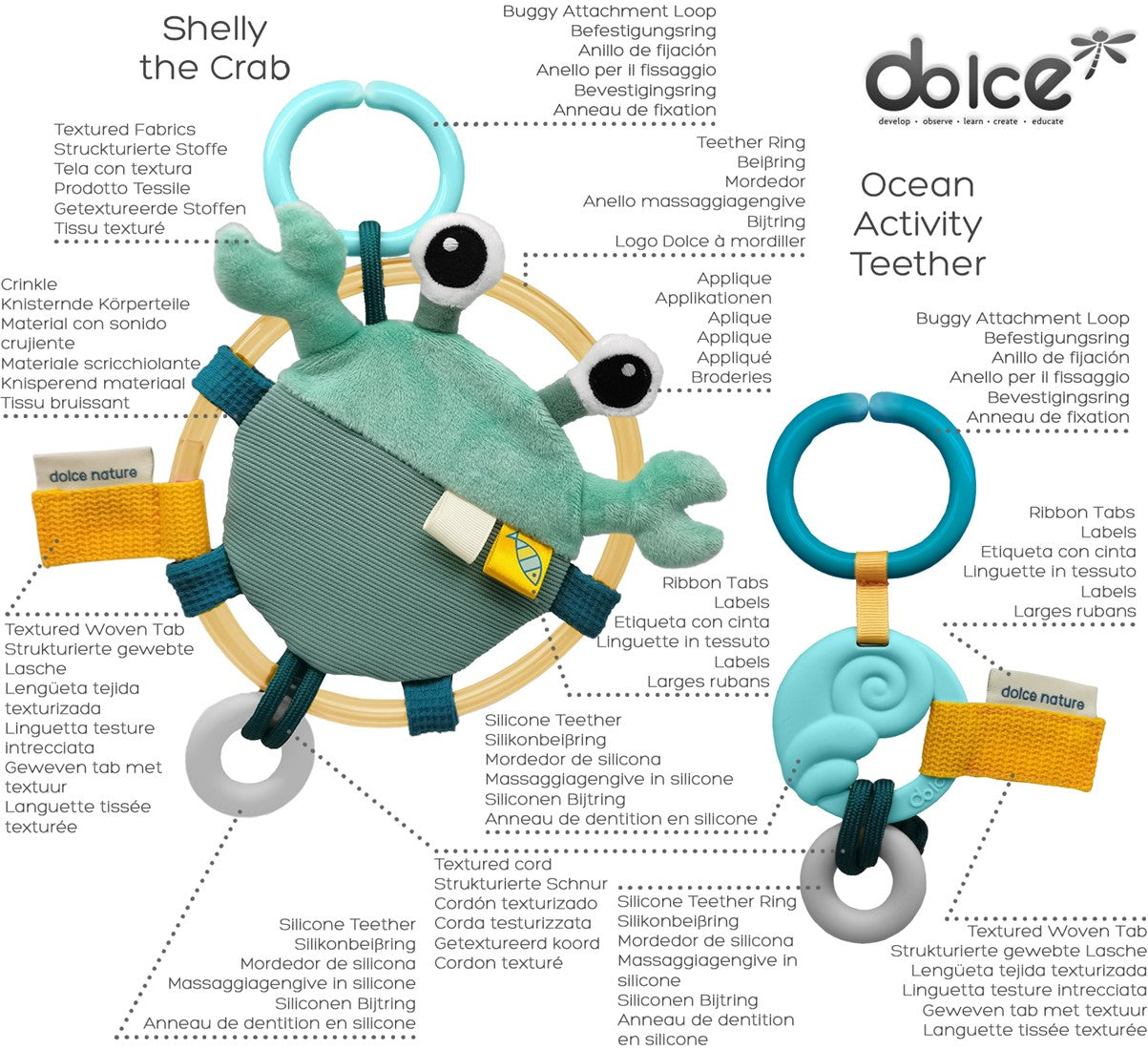 Dolce Ocean activity pendant & teething ring - Crab Shelly