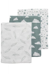 Meyco - Meyco Muslin Swaddles 3-pack Feathers-clouds-dots - Stone Green/white - 120x120cm - Mari Kali Stores Cyprus