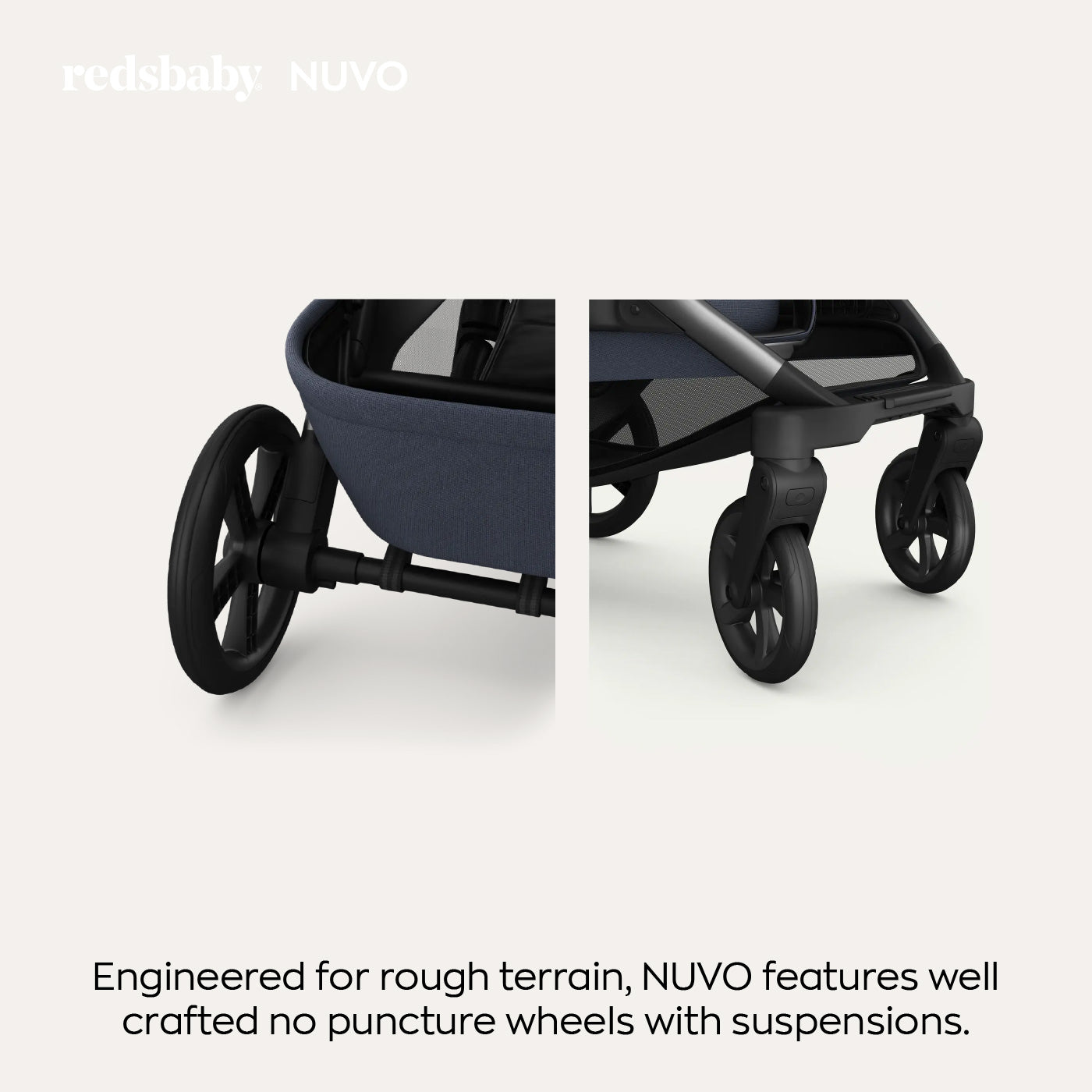 Detail image showing the wheels and lower frame of a navy blue stroller with the text "reds baby NUVO. Engineered for rough terrain, NUVO features well-crafted no puncture wheels with suspensions." The focus is on the robust wheels and suspension system.