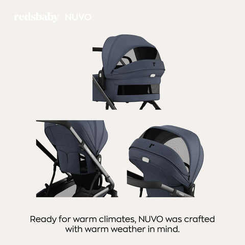 Two images showing a navy blue stroller's bassinet and seat features with the text "reds baby NUVO. Ready for warm climates, NUVO was crafted with warm weather in mind." One image highlights the ventilation system in the bassinet, and the other shows the stroller seat's breathability.