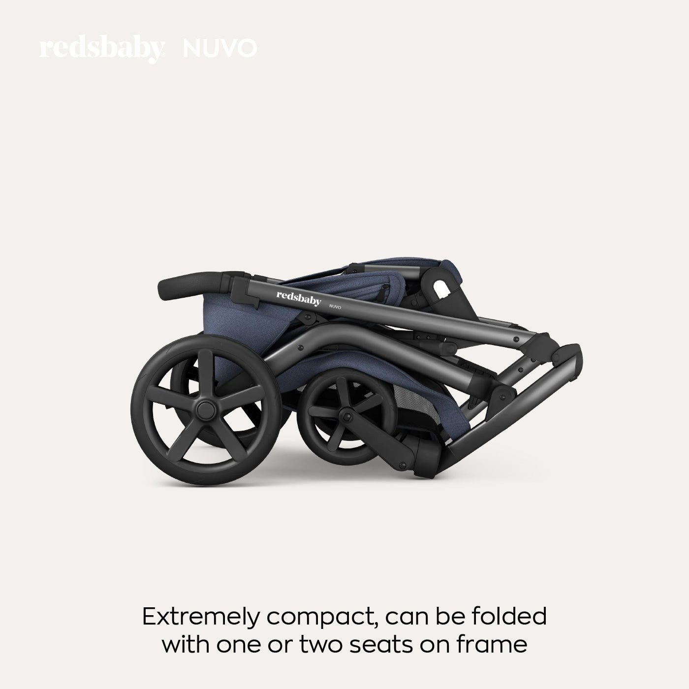 Image of a navy blue stroller folded compactly with the text "reds baby NUVO. Extremely compact, can be folded with one or two seats on frame." The stroller is shown in a folded position, emphasizing its compact design.