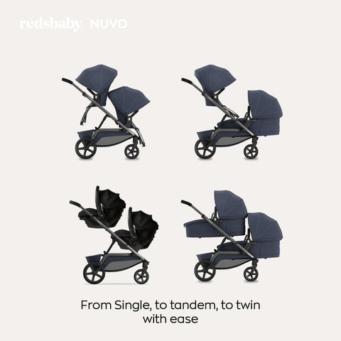 Image collage showing the flexibility of the navy blue stroller's seating options with the text "reds baby NUVO. From Single, to tandem, to twin with ease." The configurations display the stroller as a single, a tandem, and a twin stroller setup.